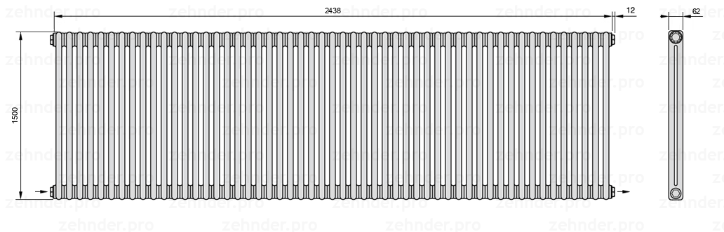 Схема (чертеж) Радиатор Zehnder Charleston 2150/53 №2670 Белый глянцевый RAL 9016